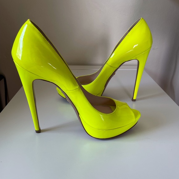 Neon Yellow Peep Toe Prada Platform Heels size 8 - Picture 4 of 14